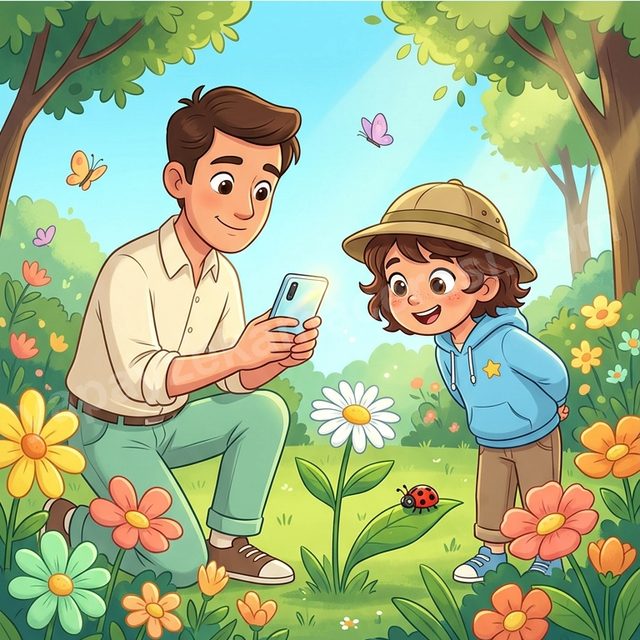 Babasıyla bahçede çiçek inceleyen çocuk çizimi