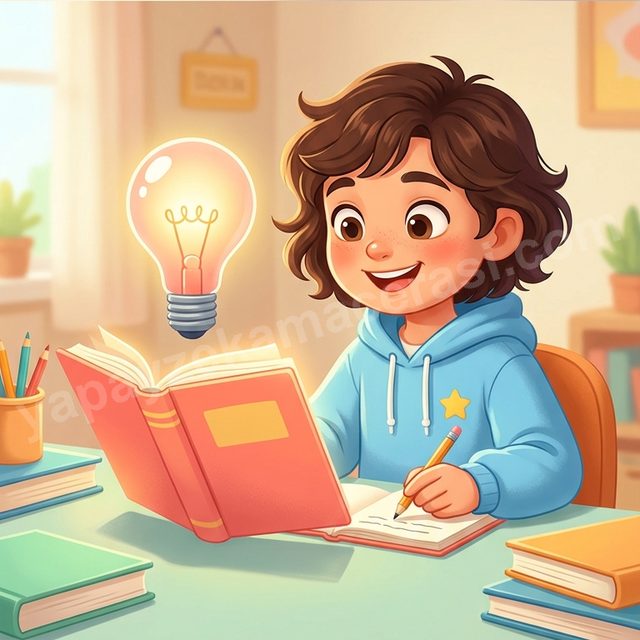 Ders çalışırken ampul yanan çocuk çizimi